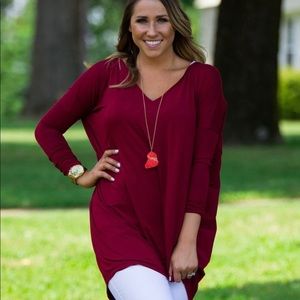 Long Sleeve V-neck Piko Tunic - Wine